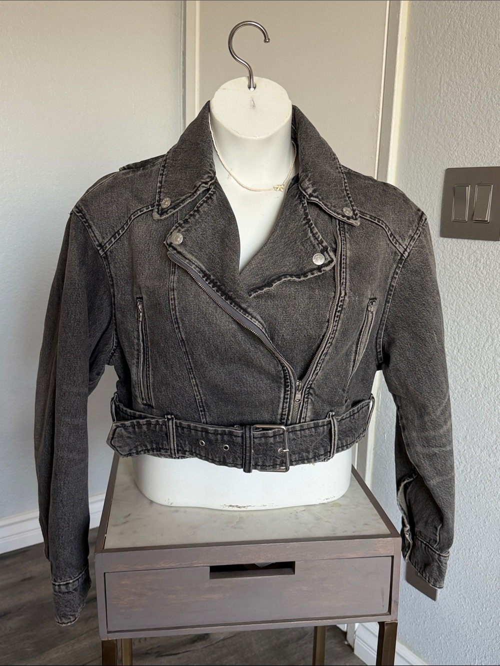 Zara Black Washed Cropped Denim Moto Jacket